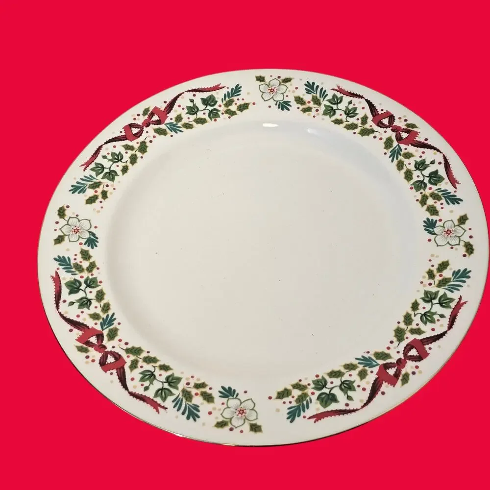 Domestications Christmas Dinner Plates Holly Ribbon Floral 1994 China Lot of 2